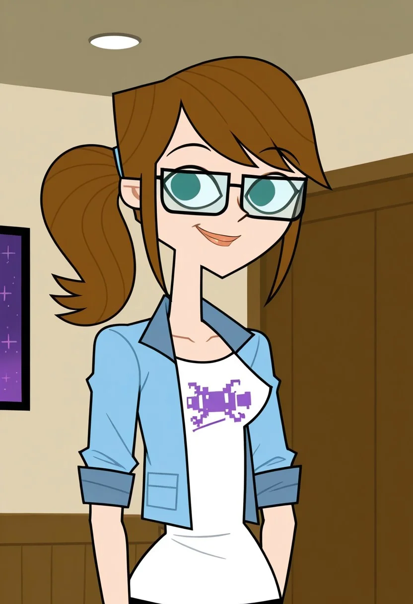score_9,score_8_up,score_7_up, 1girl, solo, Ally_DC_IL, fair skin, dark green eyes, brown hair, black frames glasses, lips, ponytail, white undershirt with purple space-invader print, light blue jacket rolled up sleeves, looking at viewer, indoors, room background, (portrait) smile, standing, no pupils