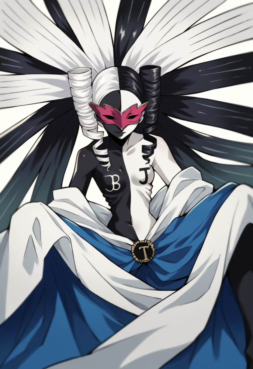 score_9, score_8_up, score_7_up, source_anime BREAK 1girl, solo,   <lora:zs_PriestessXL:1> thepriestessp3, colored skin, black skin, white skin, multicolored hair, black hair, white hair, very long hair, drill hair, twintails, mask, blue skirt, j, b, sitting