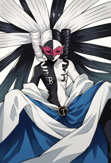 score_9, score_8_up, score_7_up, source_anime BREAK 1girl, solo, <lora:zs_PriestessXL:1> thepriestessp3, colored skin, black skin, white skin, multicolored hair, black hair, white hair, very long hair, drill hair, twintails, mask, blue skirt, j, b, sitting