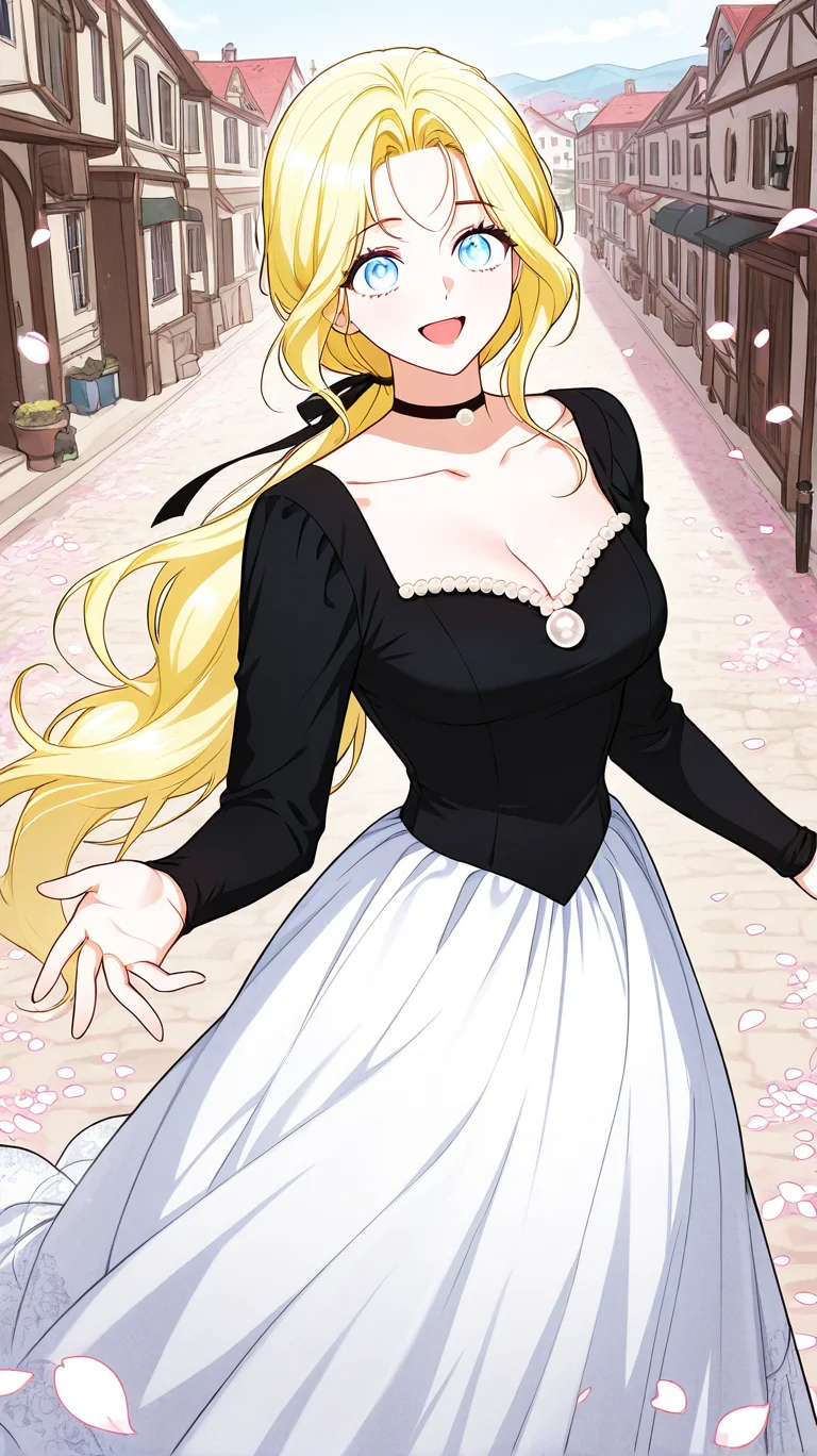 masterpiece,best quality,amazing quality, newest, high res, clean lines, thick lines
1girl, solo, il_elena, blue eyes, blonde hair, long hair, low ponytail, hair ribbon, medium breasts, black dress, cleavage, long sleeves, pearl neckline, dress ornament, collarbone, white skirt, long skirt, victorian style, black choker
standing, cowboy shot, reaching, outdoors, petals, smile, open mouth, town.