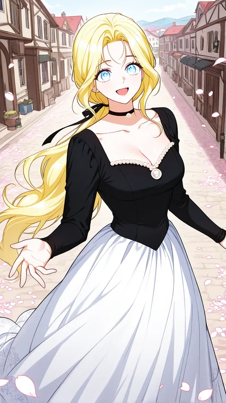 masterpiece,best quality,amazing quality, newest, high res, clean lines, thick lines
1girl, solo, il_elena, blue eyes, blonde hair, long hair, low ponytail, hair ribbon, medium breasts, black dress, cleavage, long sleeves, pearl neckline, dress ornament, collarbone, white skirt, long skirt, victorian style, black choker
standing, cowboy shot, reaching, outdoors, petals, smile, open mouth, town.