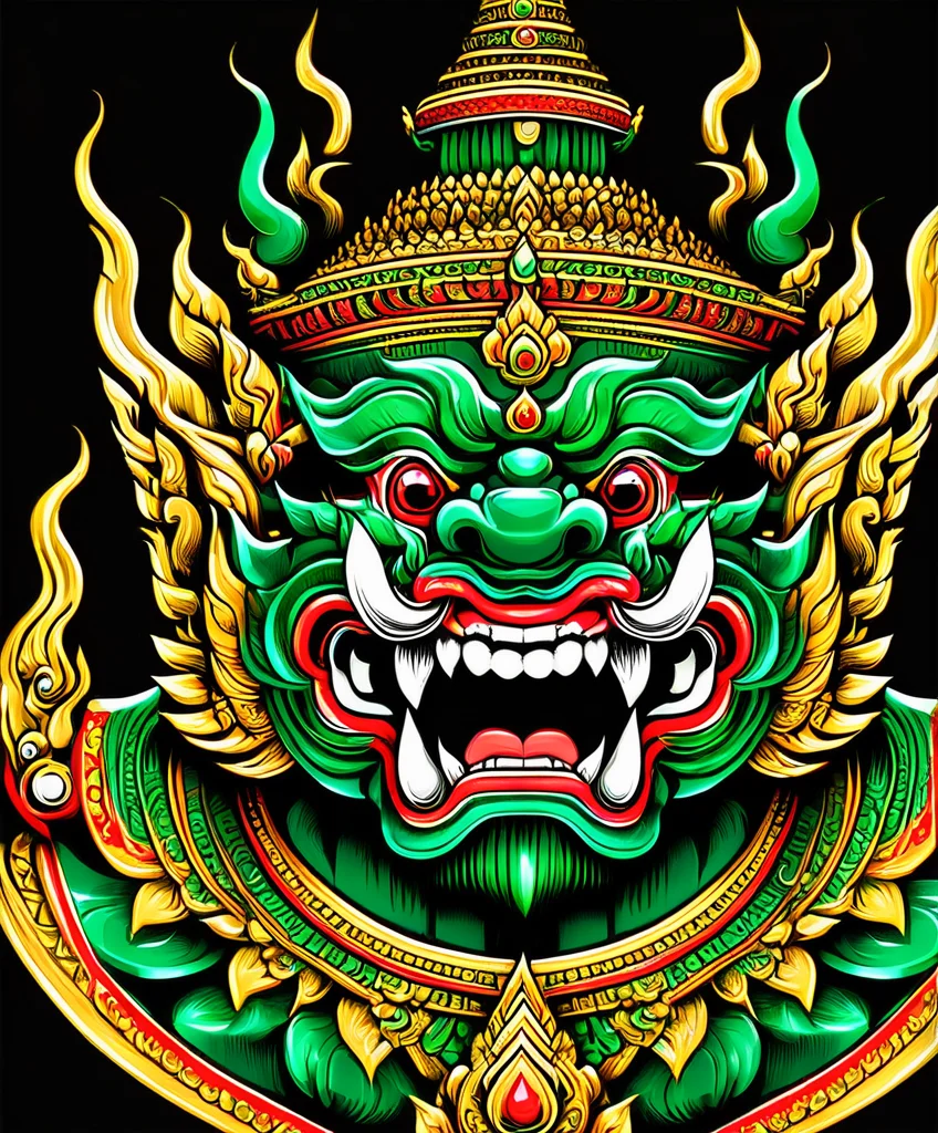 thai ogre style, thai ogre, colors green red and gold, sharp teeth, golden accents, extremely detailed, digital art, t-shirt design, dark blackground <lora:thai ogre_style:0.85>