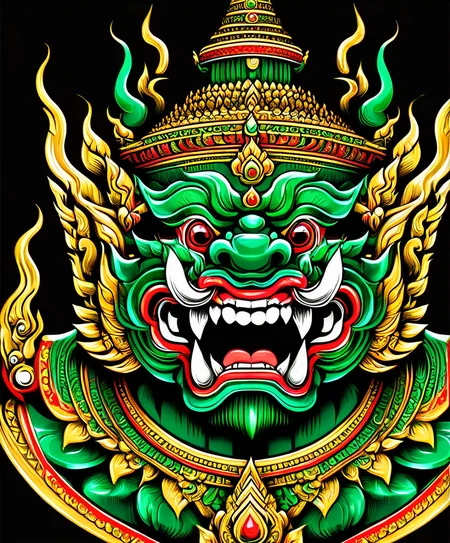 thai ogre style, thai ogre, colors green red and gold, sharp teeth, golden accents, extremely detailed, digital art, t-shirt design, dark blackground <lora:thai ogre_style:0.85>