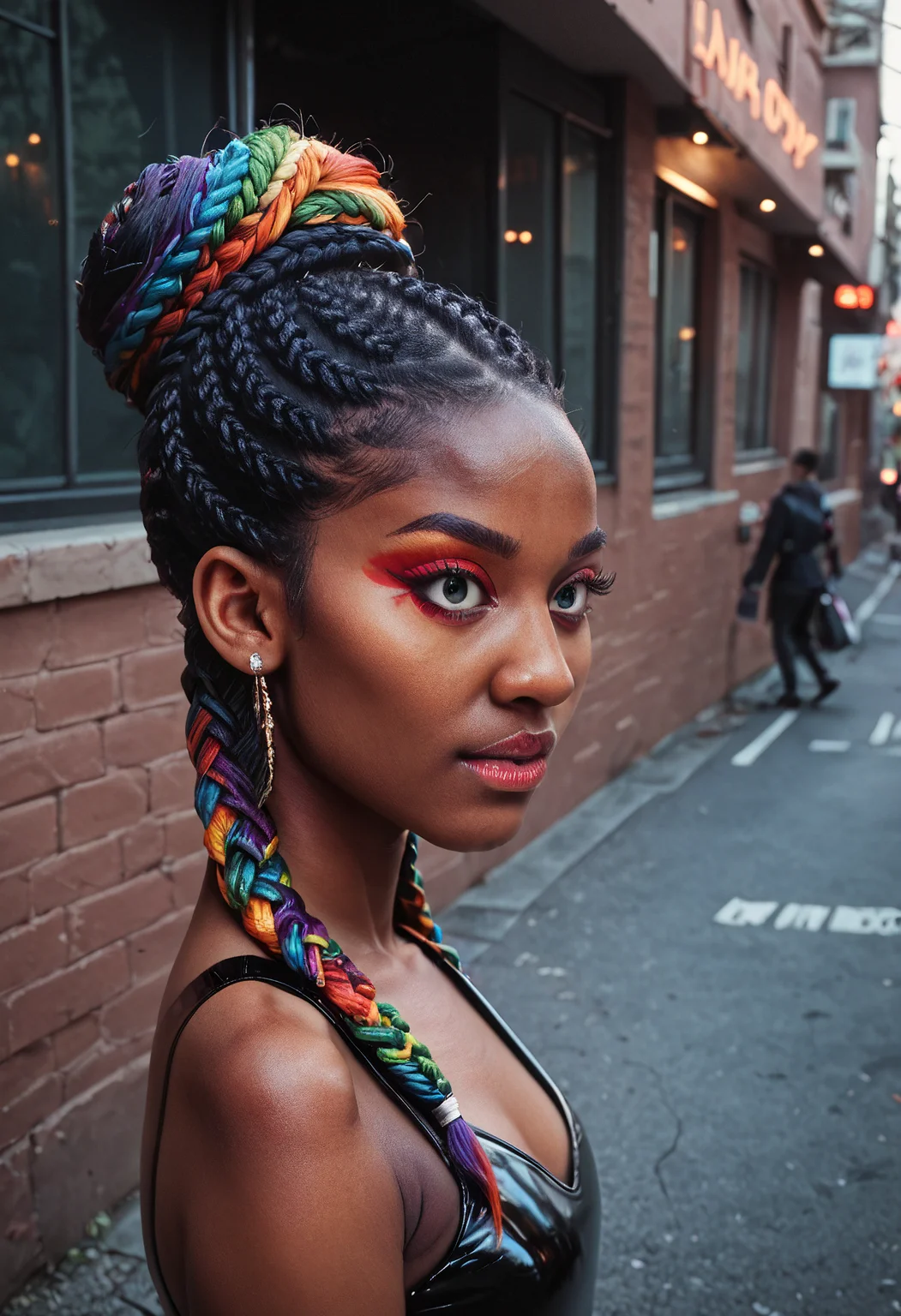 score_9, score_8_up, score_7_up, score_6_up, score_5_up, score_4_up, a highly detailed painting, 1 woman, black woman, dark skin, (multicolor box braids, rainbow box braids, updo), makeup, fingernails, earrings, jewelry, high angle, side view, latex minidress, evening, city street, portrait, outside the club, excited<lora:Pony_XL_Colorful_Box_Braids> <lora:Black_Woman_v3-000006> <lora:detailed_notrigger>