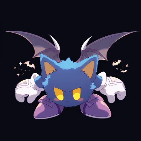 <lora:ToonyTeeth:1> (furry:1), no humans, black background, (fluffy:1), <lora:Metaknight:0.7> Metaknight, Bat wings, Yellow eyes, white gloves, purple footwear, pauldrons