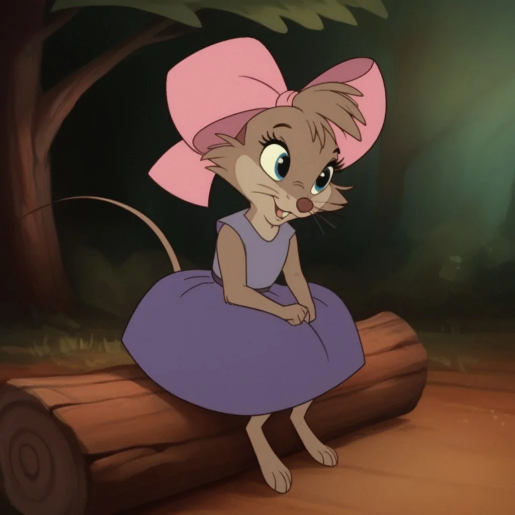 score_9, score_8_up, score_7_up, score_6_up, score_5_up, score_4_up, source_furry, TeresaBrisv2, semi-anthro, female, mouse, brown fur, whiskers, blue eyes, pink hair bow, purple dress, sleeveless, innocent expression, sitting, outside, on a log, smile, in the woods, day time
