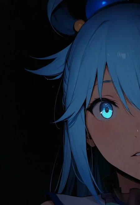 1girl,Aqua (KonoSuba), solo, dark, light, masterpiece, best quality, very aesthetic, close up, parted lips
