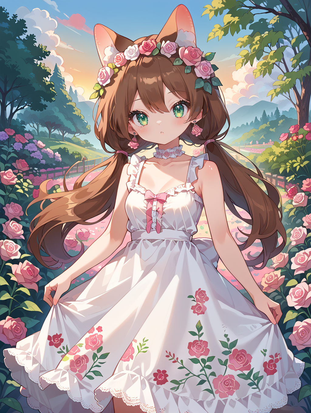 score_9, score_8_up, score_7_up,source_anime,
1girl, solo, cowboy shot, looking at viewer, aaeli, long hair, brown hair, low twintails, green eyes, small breasts, animal ears, floral crown, sundress, frills, lace trim, bare shoulders, intricate embroidery on dress, shiny skin, floral choker, floral earrings, outdoors, pink roses, pink rose garden, sunset, randomly distributed clouds, detailed background, extremely detailed, perfect anatomy, beautiful face, beautiful eyes
 <lora:ozureiji:0.8>