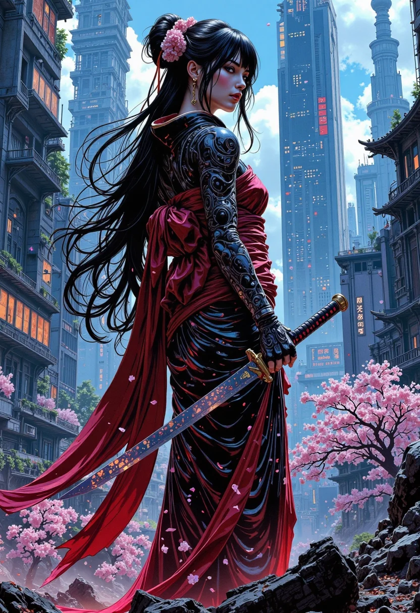 comic book style,A beautiful geisha with flowing raven hair, interwoven with glowing neon tracers, stands amidst the ravaged remains of a futuristic Kyoto. Her elaborate kimono, torn and scorched, reveals glimpses of intricate cybernetic enhancements beneath. Holographic cherry blossoms flicker and die around her, their light casting a melancholic glow on the scene. She clutches a broken katana, its digitized blade shattered, reflecting the destruction surrounding her. Decaying cyberpunk skyscrapers loom over the ruins of traditional Japanese architecture, a stark contrast between a lost past and a dystopian future. Her expression is one of stoic sorrow and quiet defiance.