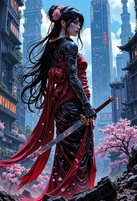 comic book style,A beautiful geisha with flowing raven hair, interwoven with glowing neon tracers, stands amidst the ravaged remains of a futuristic Kyoto. Her elaborate kimono, torn and scorched, reveals glimpses of intricate cybernetic enhancements beneath. Holographic cherry blossoms flicker and die around her, their light casting a melancholic glow on the scene. She clutches a broken katana, its digitized blade shattered, reflecting the destruction surrounding her. Decaying cyberpunk skyscrapers loom over the ruins of traditional Japanese architecture, a stark contrast between a lost past and a dystopian future. Her expression is one of stoic sorrow and quiet defiance.