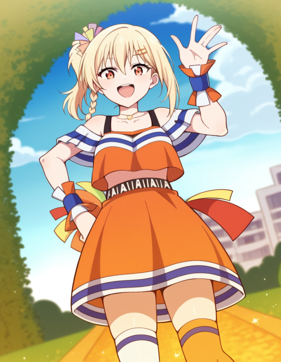 score_9, score_8_up, score_7_up, source_anime, <lora:ai-miyashita-saikou-heart-mv-ponyxl-lora-nochekaiser_r1:1>, ai miyashita, bangs, blonde hair, hair ornament, orange eyes, braid, sidelocks, medium hair, side ponytail, orange eyes, french braid,, skirt, thighhighs, jewelry, collarbone, necklace, off shoulder, tank top, wristband, cheerleader, pom pom (cheerleading), orange skirt, gyaru, heart necklace, floating island, sky, clouds, greenery, magical, , from below, looking at viewer, solo,, dutch angle, cowboy shot