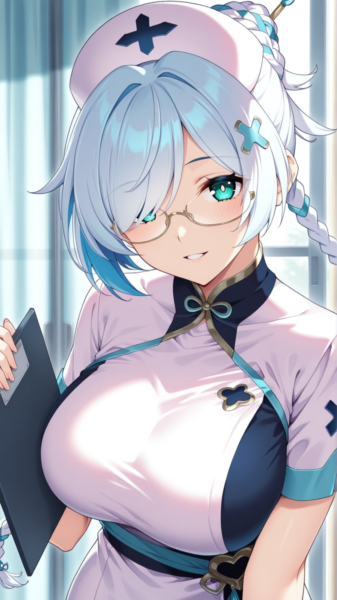 source_anime, general, best quality, masterpiece, 1girl,  <lora:Faymena_ill:1> faymena,blue hair, white hair, green eyes, blue eyes,braid, long hair, large breasts, bangs,hair over one eye, glasses, nurse,