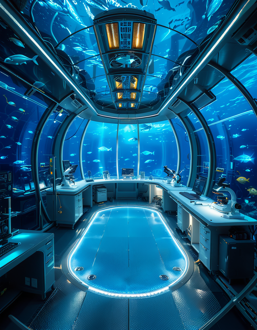 A futuristic underwater research laboratory,underwater research l4b0r4t0ry, located deep beneath the ocean's surface, surrounded by vibrant marine life and illuminated by soft, bioluminescent lighting. The laboratory features large, reinforced glass domes offering a panoramic view of the surrounding blue abyss, with schools of colorful fish and rays of sunlight filtering through the water above. Inside, advanced scientific equipment, glowing computer screens, and researchers in modern wetsuits or lab coats are visible, conducting experiments. The structure is sleek and metallic, with curved, aerodynamic designs to withstand water pressure. Coral reefs and marine plants grow nearby, adding natural beauty. The lighting is a mix of cool, bluish tones, with faint yellow lights from the laboratory windows creating a contrast. The atmosphere is calm yet futuristic, with a focus on scientific exploration and harmony with the marine environment.
<lora:SDXLFaeTastic2400:0.4> <lora:extremely_detailed:0.4> extremely detailed, <lora:underwater_research_l4b0r4t0ry:1>