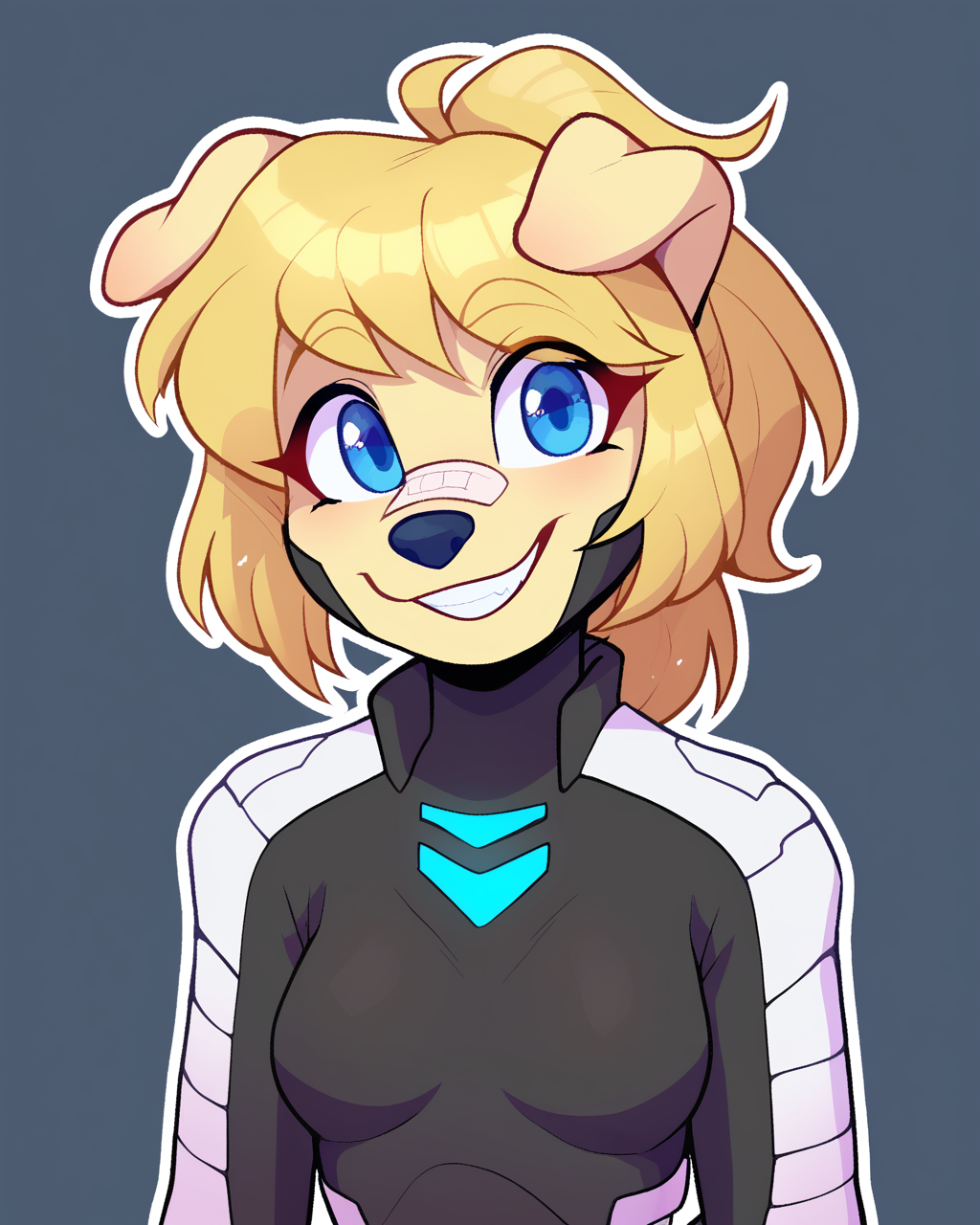 score_9_up, score_8_up, score_7_up, score_6_up, by remanedur, half-length portrait, blonde hair, medium breasts, furry female, blue eyes, female, furry, golden retriever, nose bandage, looking at viewer, pony tail, blonde fur, solo, happy, bodysuit, smile, three-quarter view, head tilt, simple background, white outline, <lora:Leah_Pines(AIM)_XL_v1:0.15> <lora:PDXL_artist_tags_v2_big:0.5> <lora:The-Minuscule-Task_PDXL_v1.0:0.6>   <lora:Aubrey_Stormhand_ohmiyoni:0.65>
