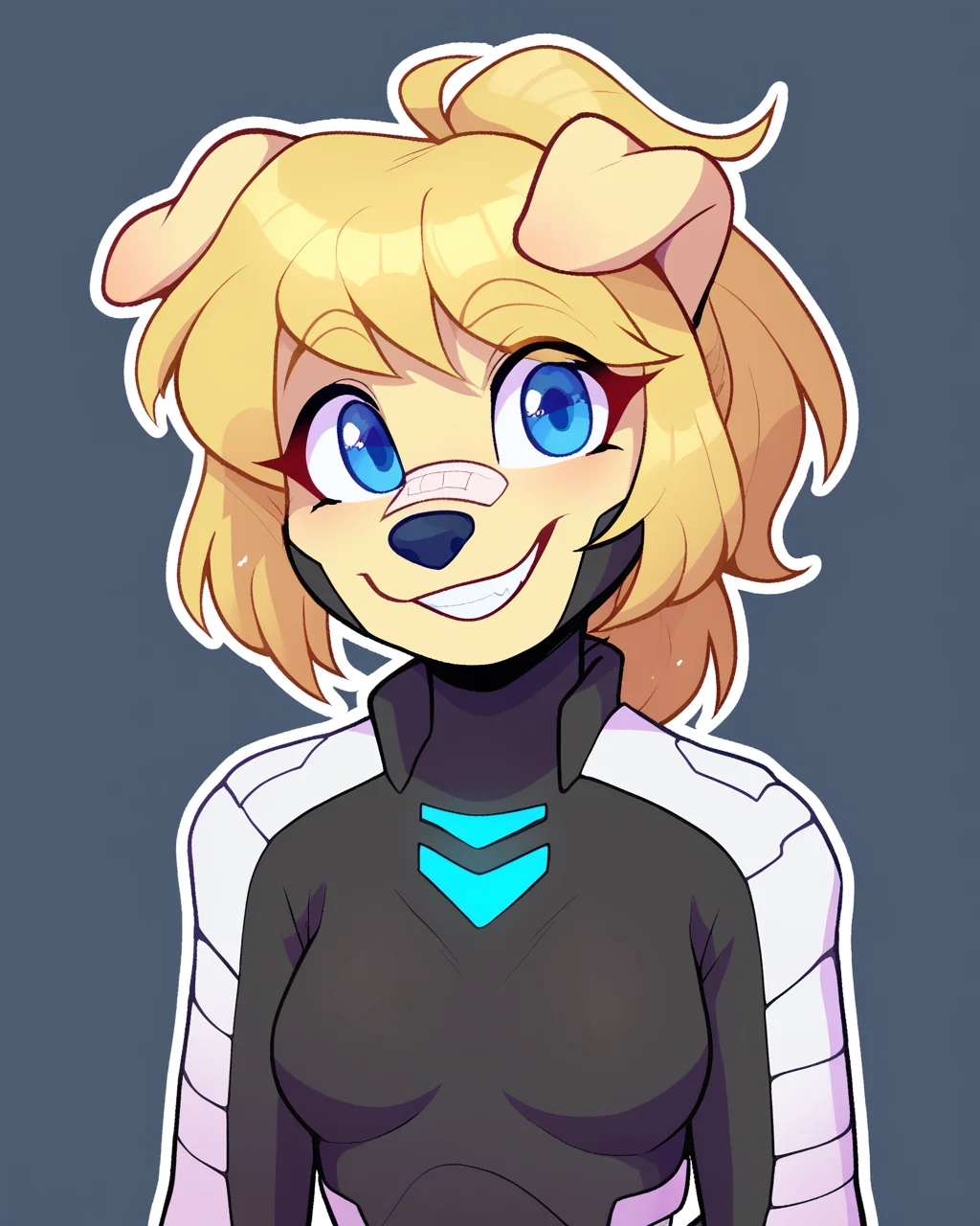 score_9_up, score_8_up, score_7_up, score_6_up, by remanedur, half-length portrait, blonde hair, medium breasts, furry female, blue eyes, female, furry, golden retriever, nose bandage, looking at viewer, pony tail, blonde fur, solo, happy, bodysuit, smile, three-quarter view, head tilt, simple background, white outline, <lora:Leah_Pines(AIM)_XL_v1:0.15> <lora:PDXL_artist_tags_v2_big:0.5> <lora:The-Minuscule-Task_PDXL_v1.0:0.6> <lora:Aubrey_Stormhand_ohmiyoni:0.65>
