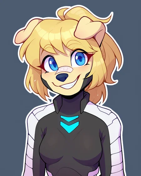 score_9_up, score_8_up, score_7_up, score_6_up, by remanedur, half-length portrait, blonde hair, medium breasts, furry female, blue eyes, female, furry, golden retriever, nose bandage, looking at viewer, pony tail, blonde fur, solo, happy, bodysuit, smile, three-quarter view, head tilt, simple background, white outline, <lora:Leah_Pines(AIM)_XL_v1:0.15> <lora:PDXL_artist_tags_v2_big:0.5> <lora:The-Minuscule-Task_PDXL_v1.0:0.6> <lora:Aubrey_Stormhand_ohmiyoni:0.65>