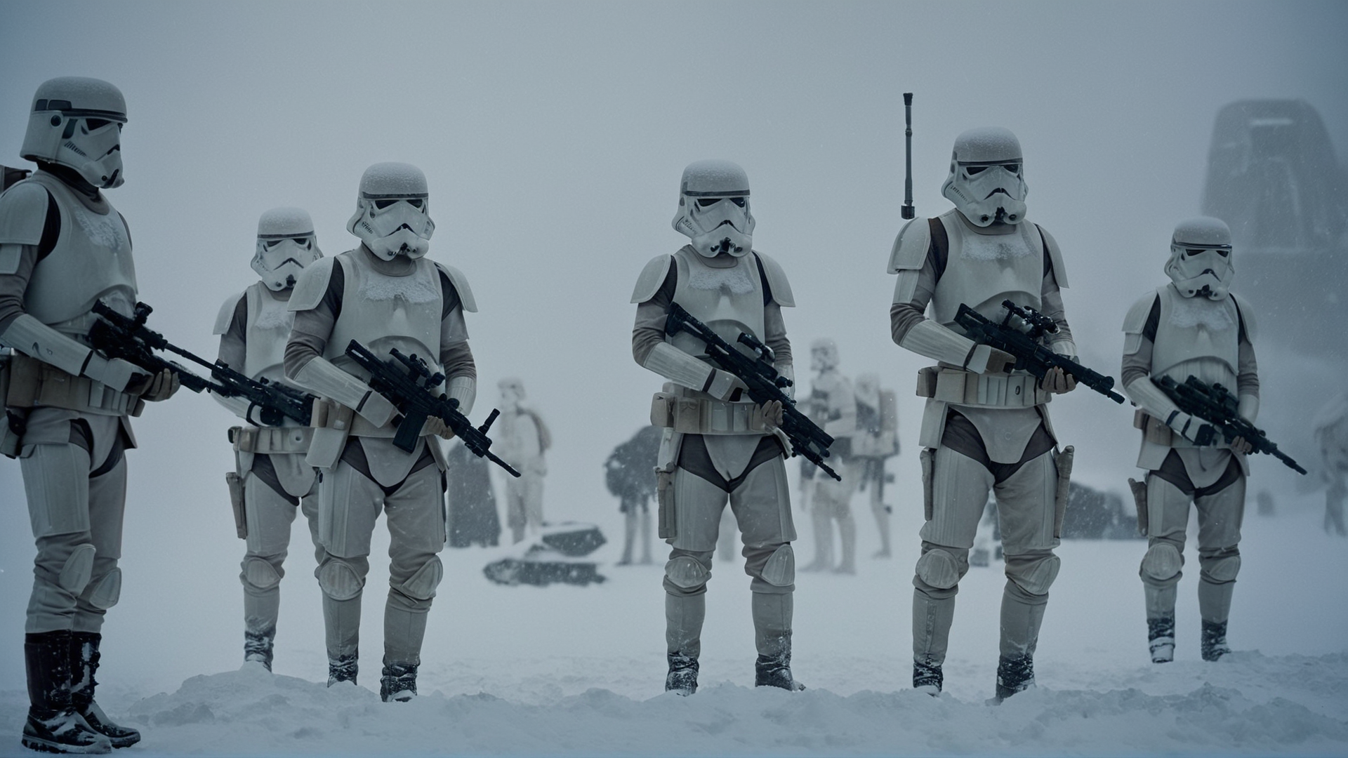 cinematic film still of  <lora:star wars style:0.2>
<lora:detailed:0.4> detailed
<lora:perfection style:0.4> perfect
<lora:PerfectEyesXL:0.5>
 <lora:Chiaroscuro Lighting Style:0.3>
 <lora:Hoth:0.9>
Hoth a group of people in star wars costumes,in star wars style,weapon,boots,multiple boys,armor,uniform,gun,military,military uniform,helmet,rifle,snow,6+boys,snowing,soldier, shallow depth of field, vignette, highly detailed, high budget, bokeh, cinemascope, moody, epic, gorgeous, film grain, grainy