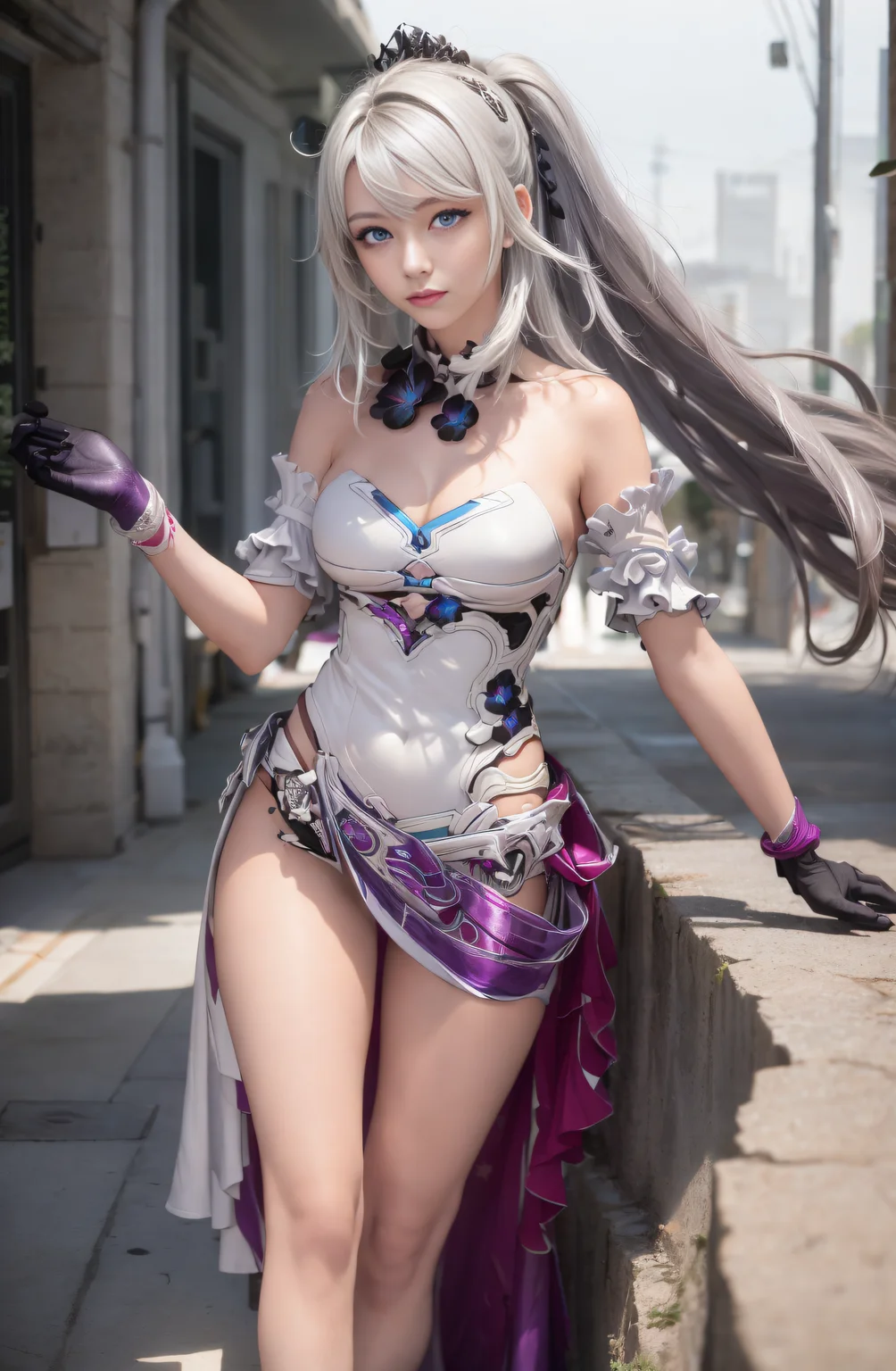 masterpiece, best quality, (Photorealistic:1.4), ((Photoshoot Pose)), ,Kiana_Hofi,<lora:Kiana_Hofi-000006:1>,1girl, long_hair, breasts, ahoge, looking_at_viewer, bangs, solo, (hair_ornament), gloves, dress, cleavage, hair_between_eyes, bare_shoulders, (medium_breasts), very_long_hair, closed_mouth, ponytail, grey_hair, black_gloves, white_dress, grey_eyes, sleeveless_dress, white_footwear, (sexy legs:1.3)
Cinematic shot, Ray Trace, Depth of Field,