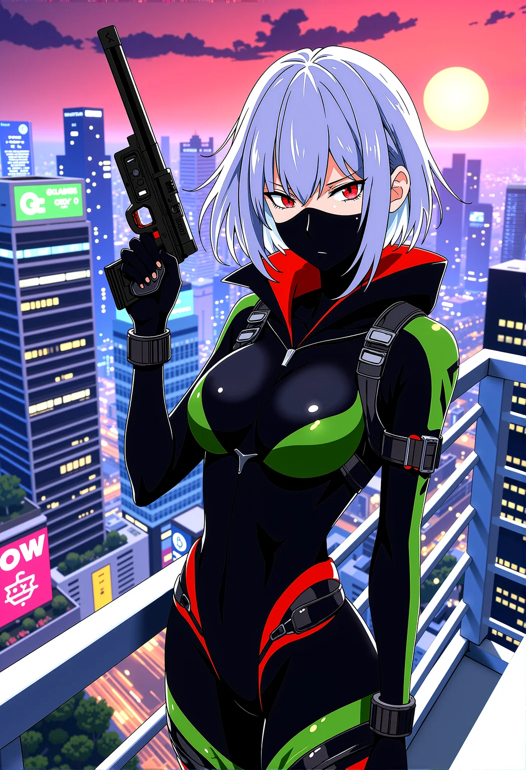 a futuristic female vigilante with short, flowing silver hair with long bangs, standing atop a skyscraper with strong wind blowing in a bustling cyberpunk city. She is dressed in a black, armored carbon fiber suit with red, green and blue accents, featuring numerous straps and a hood with pointed tips. Her glowing red eyes with slit pupils are visible through a sleek black mask with sharp teeth print.The character is in a firing stance, one arm extended forward holding a weapon, with the other arm bracing or steadying. The background reveals a sprawling cityscape with neon lights, holographic advertisements, and towering buildings, with the crimson moon hanging low in the sky, casting an ominous glow over the scene.

motion lines effect, anime screencap,extremely detail background consist of detailed building, environment, vegetation, sky, with sharp and precise detail, lossless detail





 














