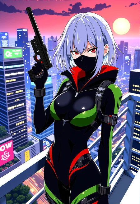 a futuristic female vigilante with short, flowing silver hair with long bangs, standing atop a skyscraper with strong wind blowing in a bustling cyberpunk city. She is dressed in a black, armored carbon fiber suit with red, green and blue accents, featuring numerous straps and a hood with pointed tips. Her glowing red eyes with slit pupils are visible through a sleek black mask with sharp teeth print.The character is in a firing stance, one arm extended forward holding a weapon, with the other arm bracing or steadying. The background reveals a sprawling cityscape with neon lights, holographic advertisements, and towering buildings, with the crimson moon hanging low in the sky, casting an ominous glow over the scene.

motion lines effect, anime screencap,extremely detail background consist of detailed building, environment, vegetation, sky, with sharp and precise detail, lossless detail





 














