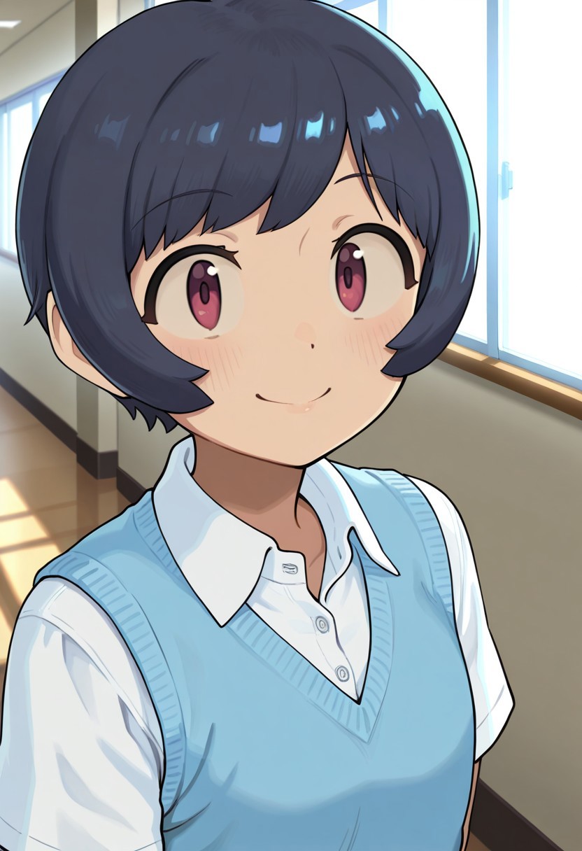 1girl, solo, kanakochan, smile,
school uniform, blue vest, sweater vest, short sleeves, white shirt, hallway, indoors, portrait, upper body, looking at viewer, BREAK ((ultra-detailed)), ((best quality)), ((beautiful eyes)), ((extremely detailed)), 4K, (8K), best quality, (beautiful), Master piece, highres, best quality, official art, highres, masterpiece, detailed background, high quality background