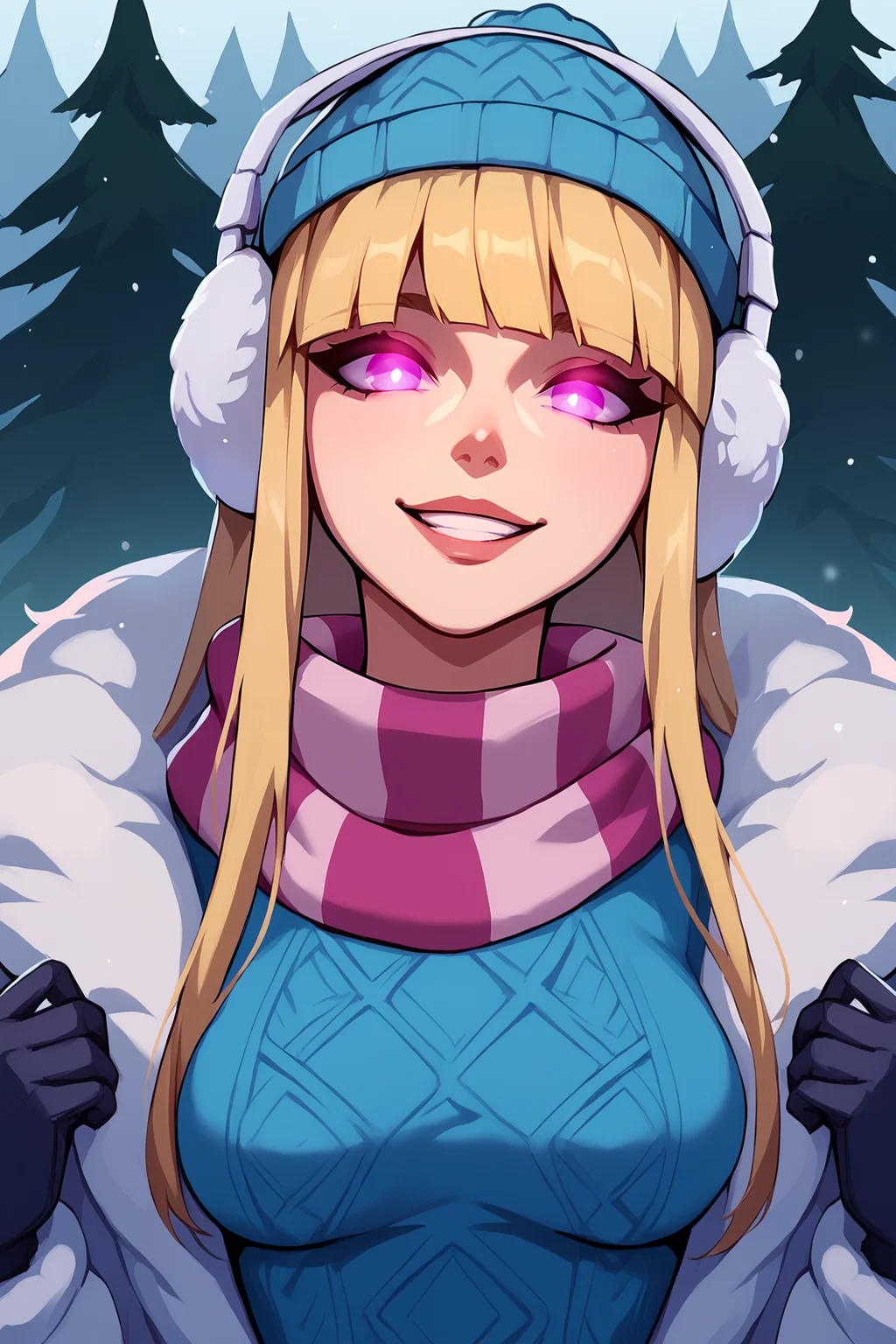 score_9, score_8_up, score_7_up, score_6_up, BREAK, SyndraSDayXL, purple eyes, glowing eyes, blonde hair, long hair, bangs, blue beanie, white earmuffs, medium breasts, pink striped scarf, winter coat, blue sweater, black gloves, solo, front view, (portrait, upper body), solo focus, seductive smile, looking at viewer, forest, tree <lora:SyndraSDayXL:1>