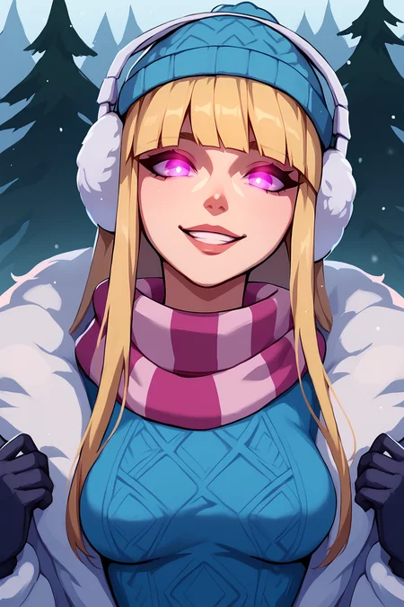 score_9, score_8_up, score_7_up, score_6_up, BREAK, SyndraSDayXL, purple eyes, glowing eyes, blonde hair, long hair, bangs, blue beanie, white earmuffs, medium breasts, pink striped scarf, winter coat, blue sweater, black gloves, solo, front view, (portrait, upper body), solo focus, seductive smile, looking at viewer, forest, tree <lora:SyndraSDayXL:1>