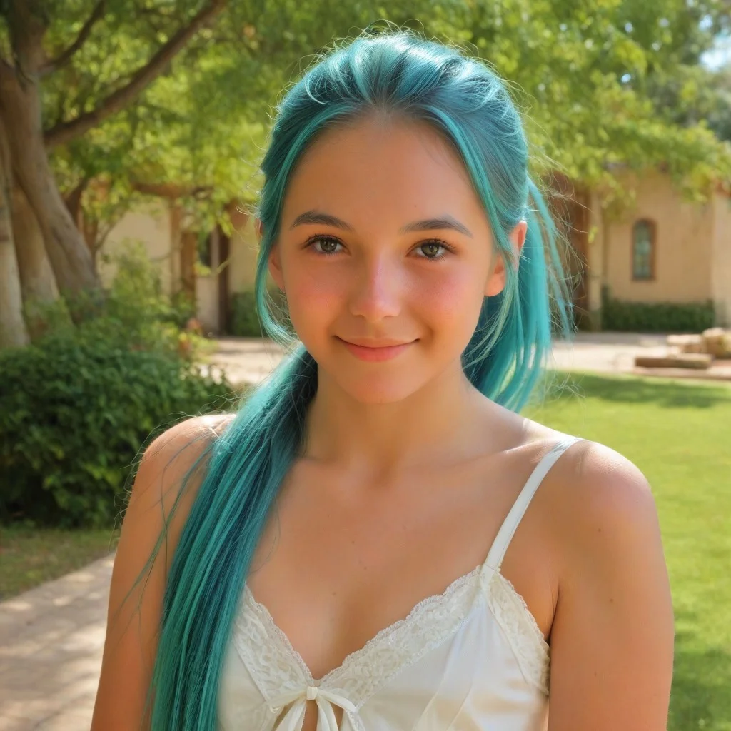 ftv style, score_9, 1girl, sunny, very long hair, upper body, blouse, gentle smile, outside, aqua hair, ponytail