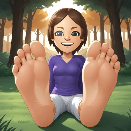 score_9, score_8_up, BREAK, (masterpiece:1.4), (best quality:1.2), solo, perfect anatomy, accurate anatomy, perfect feet, perfect soles, PONYXL_WaifuFeetPics_ownwaifu, wii, mii, wii fit, 1girl, female mii, brown hair, dark blonde eyebrows, black eyes, half circle nose, open mouth, teeth, purple clothing, white pants, barefoot, cute, Maeda_(\Wii_Fit\), small breasts, Nintendo Mii, modern_mii, classic_mii, sexy pose, self portrait, smile, outdoors, sunlight, shadows, evening lighting, natural lighting, forest, trees, grass, orange sky, sunset, (((sitting, barefoot, foot focus, feet, soles))), 1girl
