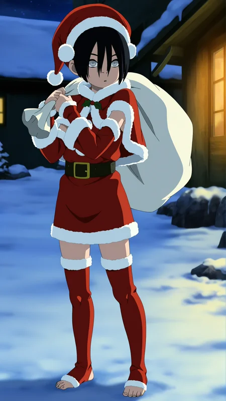 masterpiece,best quality,amazing quality, absurdres, solo, 1girl, <lora:WaiToph:0.9> illutoph, black hair, hair between eyes, blind, grey eyes, santa hat, santa costume, short dress, thighhighs, capelet, detached sleeves, fur trim, outdoors, snow, night, holding, belt, holding sack, toeless legwear, screencap