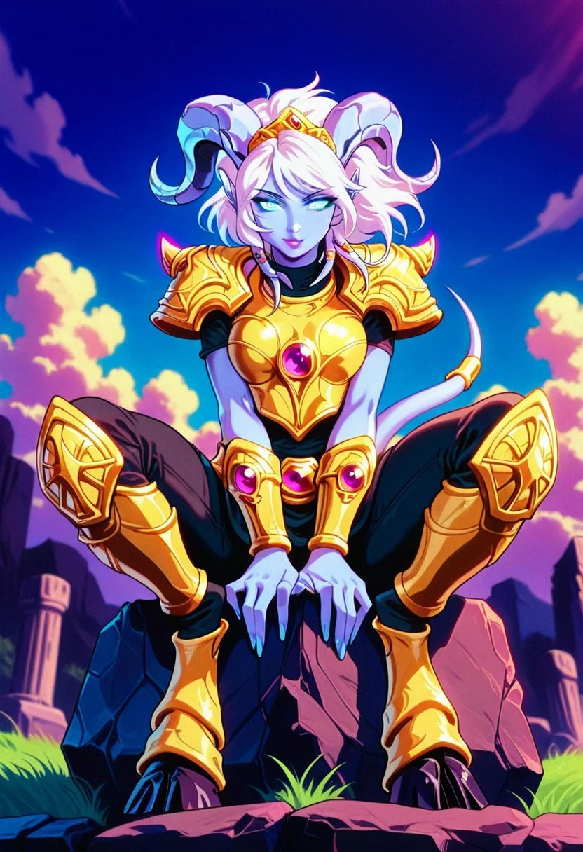 YrelHotS, 1girl, solo, draenei, colored skin, blue skin, horns, white hair, short hair, bangs, diadem, pointy ears, light blue colored sclera, glowing eyes, nose, lips, white and golden armor, large breast, shoulder armor, gloves, bracers, breastplate, pelvic curtain, hooves, tail, tail ornament, leg armor, hammer of the Naaru, holding hammer,
,seductive pose, sexy pose, tease,
masterpiece, best quality, ultra-detailed, very aesthetic, detailed background, very aesthetic, newest, scenery, highres, 4k, absurdres, 8k, colorful,vibrant, glowing, perfect face, 2d, perfect eyes, detailed eyes,
masterpiece, best quality, ultra-detailed, very aesthetic, newest, scenery, absurdres, perfect anatomy, , perfect face, perfect eyes, mature body, clear eyes, beautiful eyes, athletic, curvy body, athletic girl, perky tits, perfect tits, round breasts, pinup pose, teasing, lustful expression,
muscular female, dutch angle,
floating hair, floating clothes, outdoors, sitting, stone, ruins, blue sky, cloud, grass,
,detailed eyes, Smooth Negative, highres, absurdres, uncensored , vibrant saturated colors, volumetric lighting,wide depth of field, sharp, ray tracing,
dark_fantasy_style, dark fantasy, retro,90s_anime_aesthetic, 1990s (style), retro, retro artstyle,