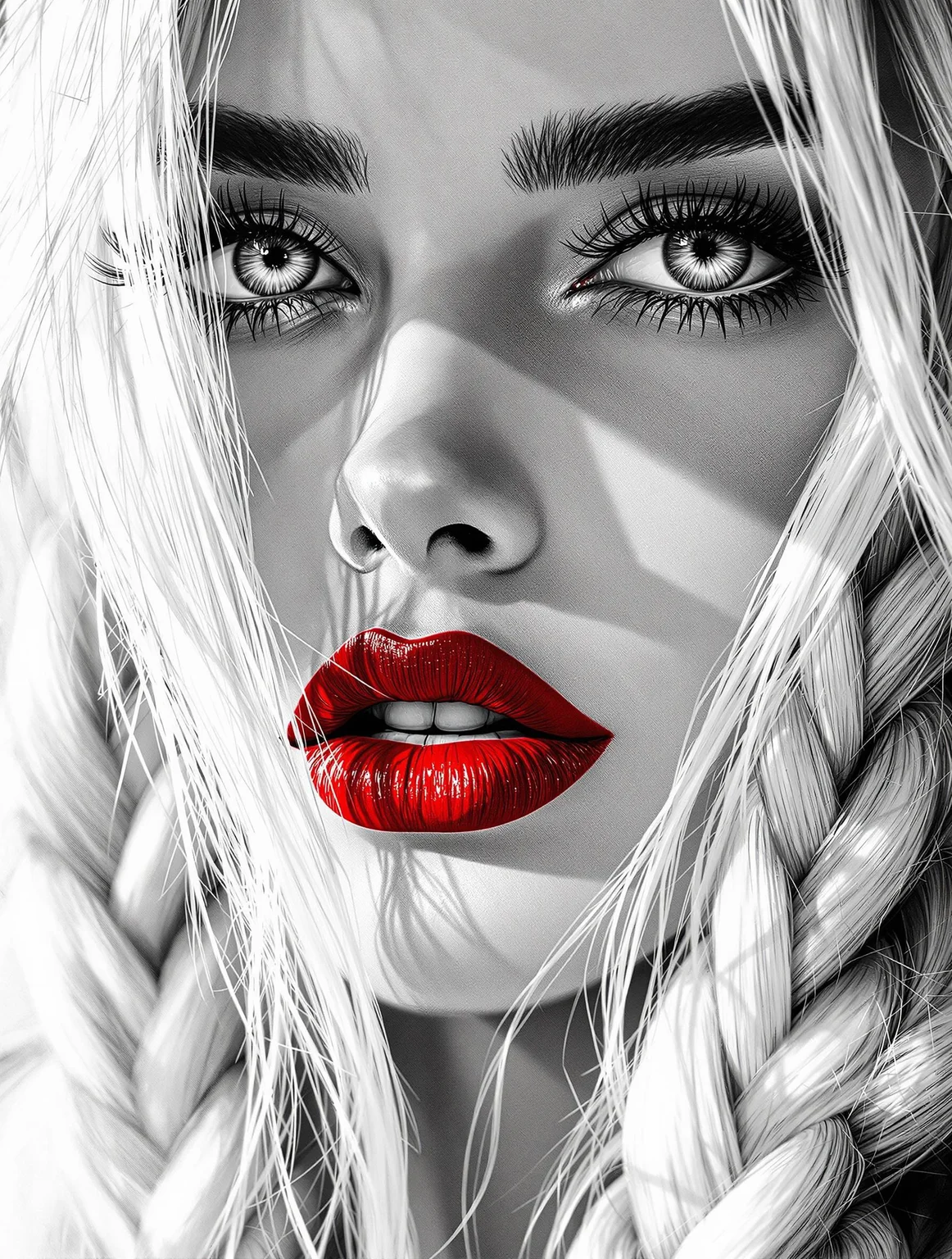 black and white sketch in simple pencil, close-up portrait, chic, beautiful, long white hair in lush braids, red lips, long black eyelashes, bright gray-blue eyes, eye detail, clarity, vivid colors, chiaroscuro lighting, intricate details, hyper-detailed, hyper-realistic, professional photoshoot