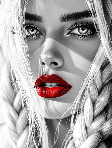 black and white sketch in simple pencil, close-up portrait, chic, beautiful, long white hair in lush braids, red lips, long black eyelashes, bright gray-blue eyes, eye detail, clarity, vivid colors, chiaroscuro lighting, intricate details, hyper-detailed, hyper-realistic, professional photoshoot