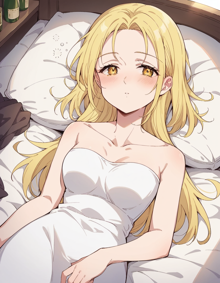 score_9, score_8_up, score_7_up, source_anime, <lora:nanatsu-elaine-s2s3-ponyxl-lora-nochekaiser:1>, elaine, long hair, blonde hair, yellow eyes,, dress, white dress, collarbone, bare shoulders, sun dress,, indoors, bed, bed room, on side, blush, drunk, looking at viewer, solo,, cowboy shot, dutch angle