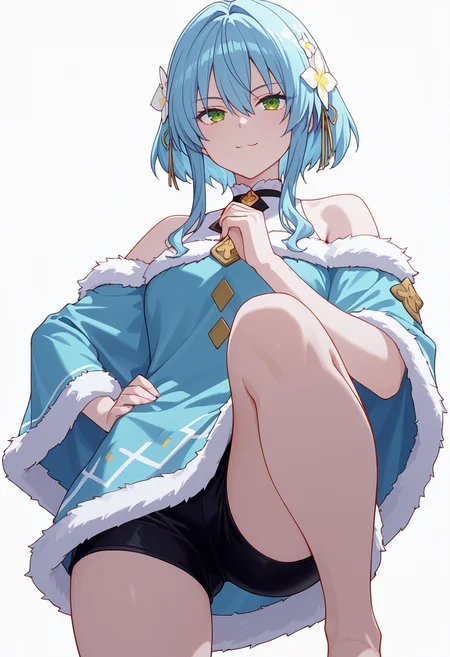 Smooth Quality,masterpiece,very intricate, high quality details, ultra realistic, high detailed skin,detailed enviorement,absurdres,
hand on own hip,
<lora:Villhaze_CNR:0.8> villhaze_cnr, 1girl,blue hair, short hair with long locks, green eyes, hair between eyes, hair flower,bare shoulders,, simple background, white background, from below,
crouching pose, hands clasped, one foot forward, intense gaze, ready-to-move posture, ,, c:,, fur-trimmed jacket, ,poncho, ,board shorts, ,