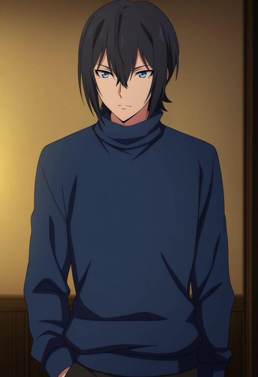 masterpiece, best quality, anime screencap, official style, anime coloring, cowboy shot, 1boy, solo, male focus, <lora:ren_amaki_ilxl:0.9>, ren_amaki, black hair, blue eyes, hair between eyes, , ,