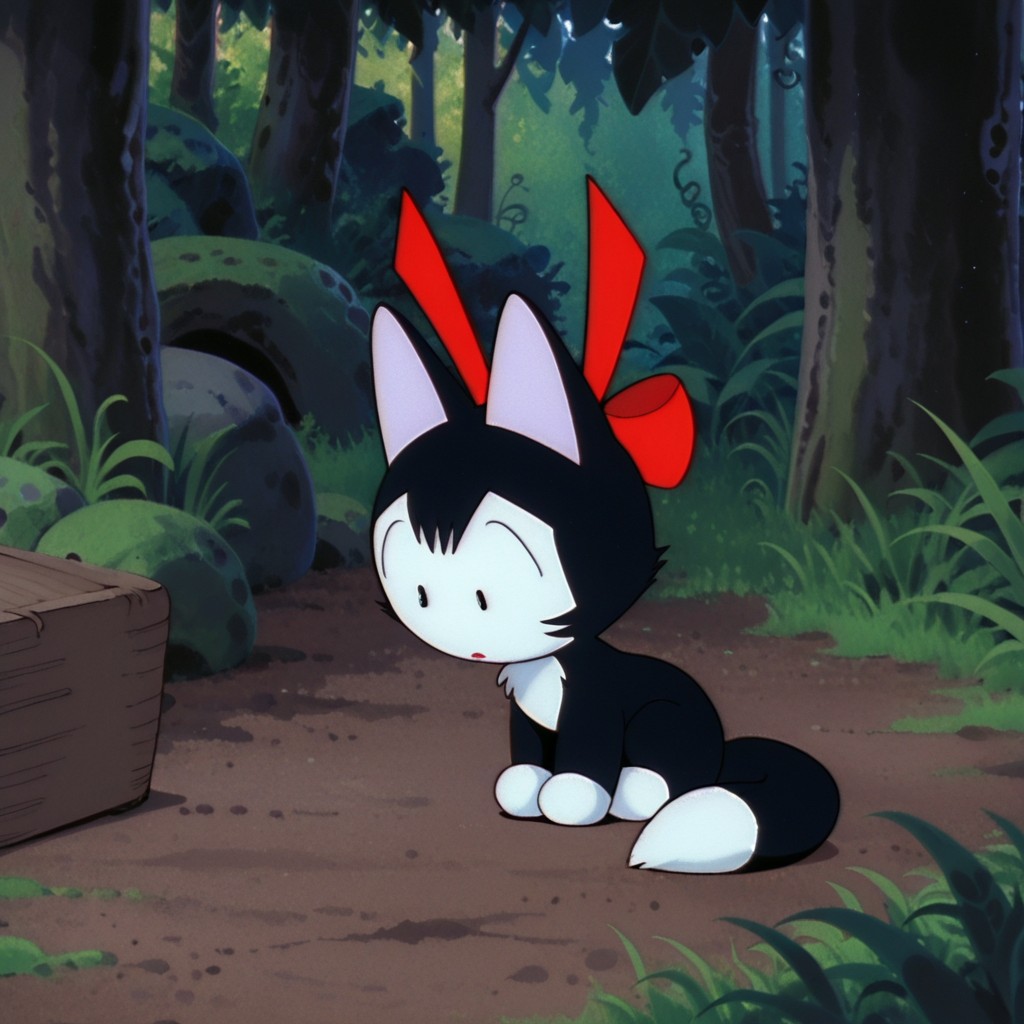 masterpiece, best quality, amazing quality, ChaoUnico, feral, female, cat, black fur, white fur, red bow, tail, outside, in the forest, sitting,, <lora:107edd7e-b173-4c9e-8fef-7b266d4f2bf1:1.0>