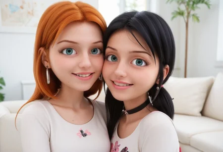 score_9, score_8_up, score_7_up, score_6_up,
2girls, sitting together, on a couch, (leaning against each other, head on shoulder, cheek to cheek:1.4),
1girl, Sabrina Raincomprix, long hair, orange hair, green eyes, fair skin, earrings, white blouse, choker,
1girl, Marinette Dupain-Cheng, long hair, bright bluebell eyes, black hair, twin tails, earrings, red blouse, choker,
perfect eyes, real skin, amateur, photo, solo, perfect face, perfect eyes, sexy, beautiful eyes, petite body,
masterpiece, best quality, amazing quality,
heavy blush, thick dark eyelashes, tiny body,
(skinny girl), on a couch, family home, living room, wall pictures, plants,
blurry background, lot of people in background, shy expression, depth of field, volumetric lighting, biting lips, vibrant colors, intricate details,
smiling, teeth, arms crossed, close up on face, real skin,