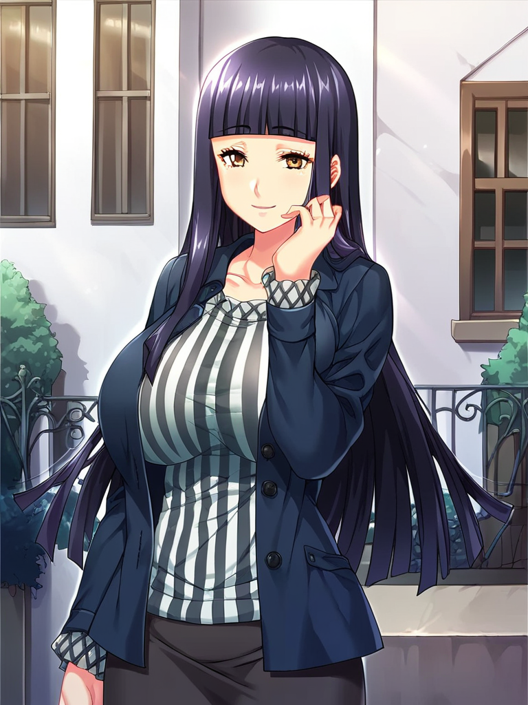 score_9, score_8_up, score_7_up,  
1girl, narumi yachiyo, black hair, long hair, blunt bangs, brown eyes, huge breasts, 

standing, outdoors, solo, building, house, 
striped shirt, vertical stripes, jacket, black skirt, smile, looking at viewer, hand on own cheek,
