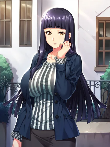 score_9, score_8_up, score_7_up,  
1girl, narumi yachiyo, black hair, long hair, blunt bangs, brown eyes, huge breasts, 

standing, outdoors, solo, building, house, 
striped shirt, vertical stripes, jacket, black skirt, smile, looking at viewer, hand on own cheek,
