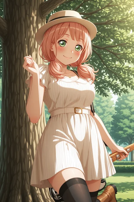 masterpiece, best quality, amazing quality, 1girl, solo, makeup, general, looking at viewer, cowboy shot, blush, serene smile, tree, park, standing on one leg, hand up, electric bass, bass guitar, holding instrument, <lora:Uehara_Himari_Ban_Dori:1>, Uehara_Himari_Ban_Dori, green eyes, pink hair, long hair, breasts, low twintails, white dress, thighhighs, boots, fedora, jewelry, <lora:wai-2Rectified-V140:1>, <lora:illustrious_noobai_epsilon_pred_1_masterpieces_v1:1>