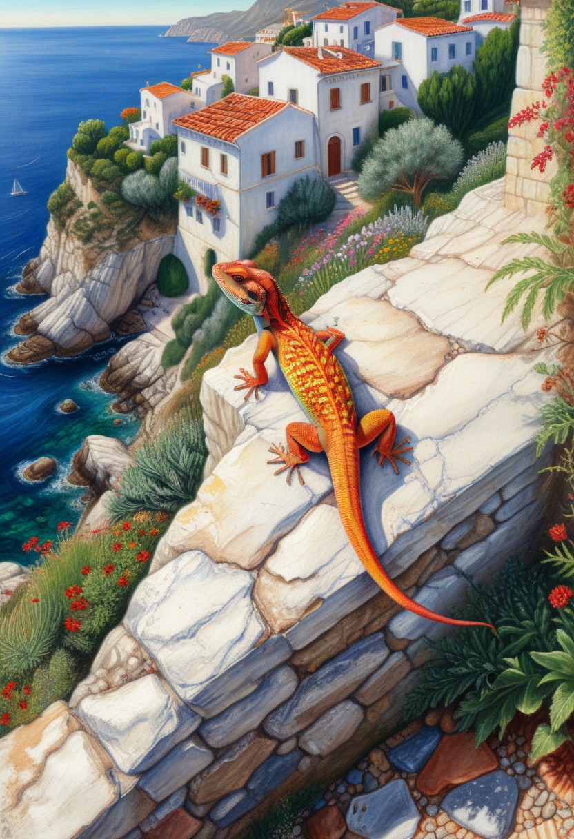 High-angle, wide shot, colored pencil drawing of a small lizard basking on a sun-drenched stone wall against a clear Mediterranean backdrop. White stone houses with red tiled roofs, colourful vegetation, Electric vivid colours, deep focus, the lizard looking down. novuschroma10 style