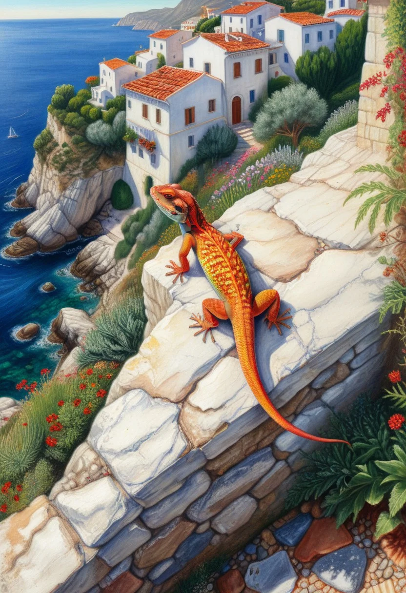 High-angle, wide shot, colored pencil drawing of a small lizard basking on a sun-drenched stone wall against a clear Mediterranean backdrop. White stone houses with red tiled roofs, colourful vegetation, Electric vivid colours, deep focus, the lizard looking down. novuschroma10 style
