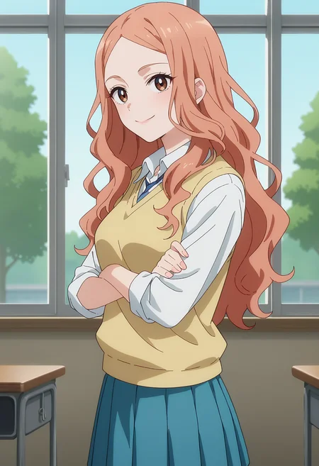 score_9, score_8_up, score_7_up, anime screencap, source_anime, 1girl, solo,
<lora:Rune_Dress_up_Darling_V2:.85>, KJOrune, peach hair, dark brown eyes, long hair, parted bangs, wavy hair
school uniform, blue pleated skirt, kneehighs, sweater vest, collared shirt,
from side, crossed arms, smile, closed mouth, looking at viewer,
School, classroom, window, sunny, tree,
(Beautiful, medium Breasts:1.2),