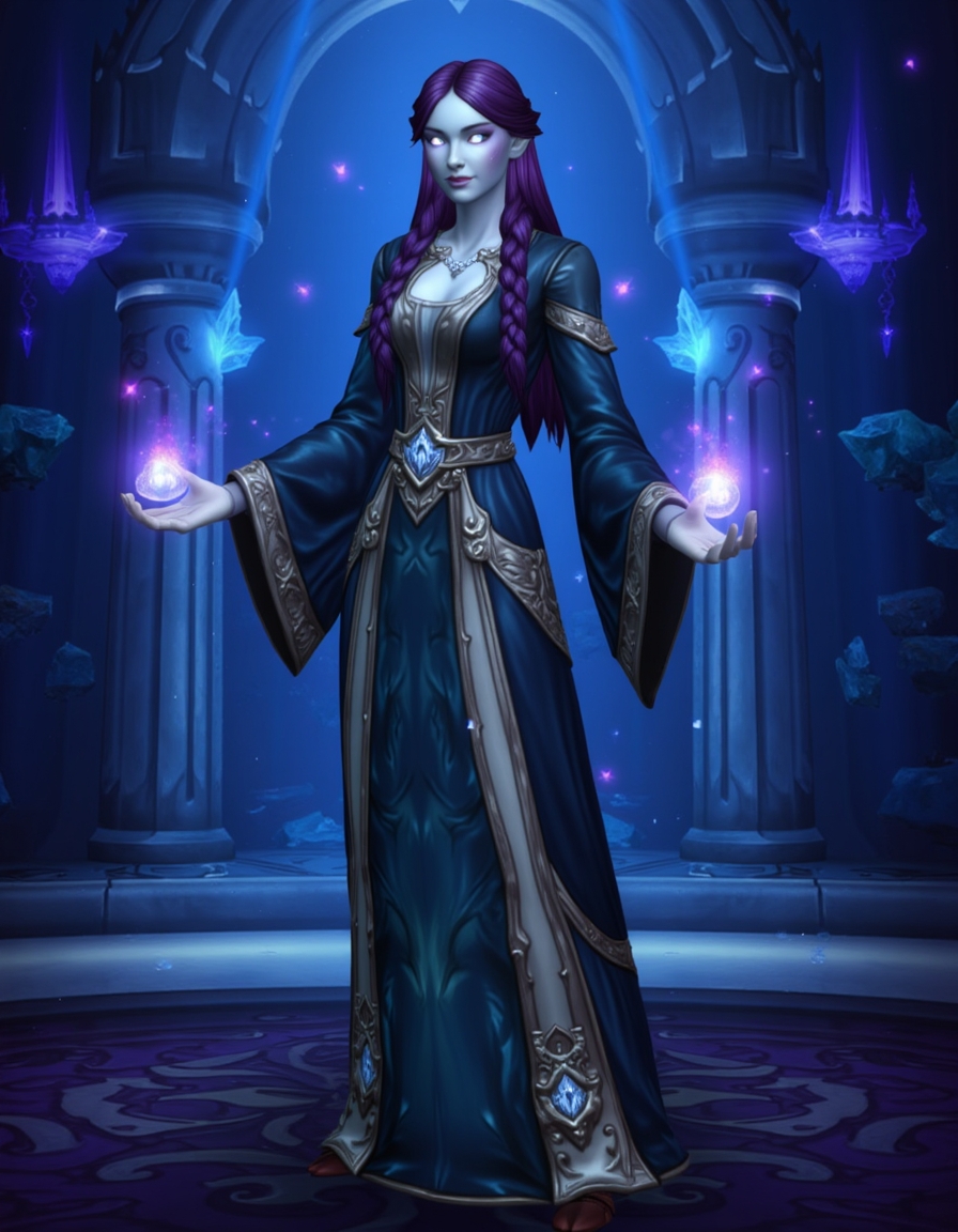 WOW_Character_Style, This image is a digital drawing of a World of Warcraft character depicting a regal nightborne sorceress. The sorceress is a tall, graceful woman with pale blue skin and glowing silver eyes. Her hair is a deep violet, styled in intricate braids, and she wears a luxurious robe made of shimmering dark blue fabric, lined with silver filigree. Her hands are raised, summoning orbs of arcane energy that float around her. The background is an opulent palace, with grand columns, floating crystals, and enchanted chandeliers casting a soft, magical glow. The lighting is a cool blue, with arcs of arcane energy illuminating the air around her. The colors are primarily dark blues, purples, and silvers, with the nightborne’s pale skin and magical orbs adding a bright contrast. The overall mood is one of elegance and immense magical power, with a sense of regal authority and ancient wisdom.