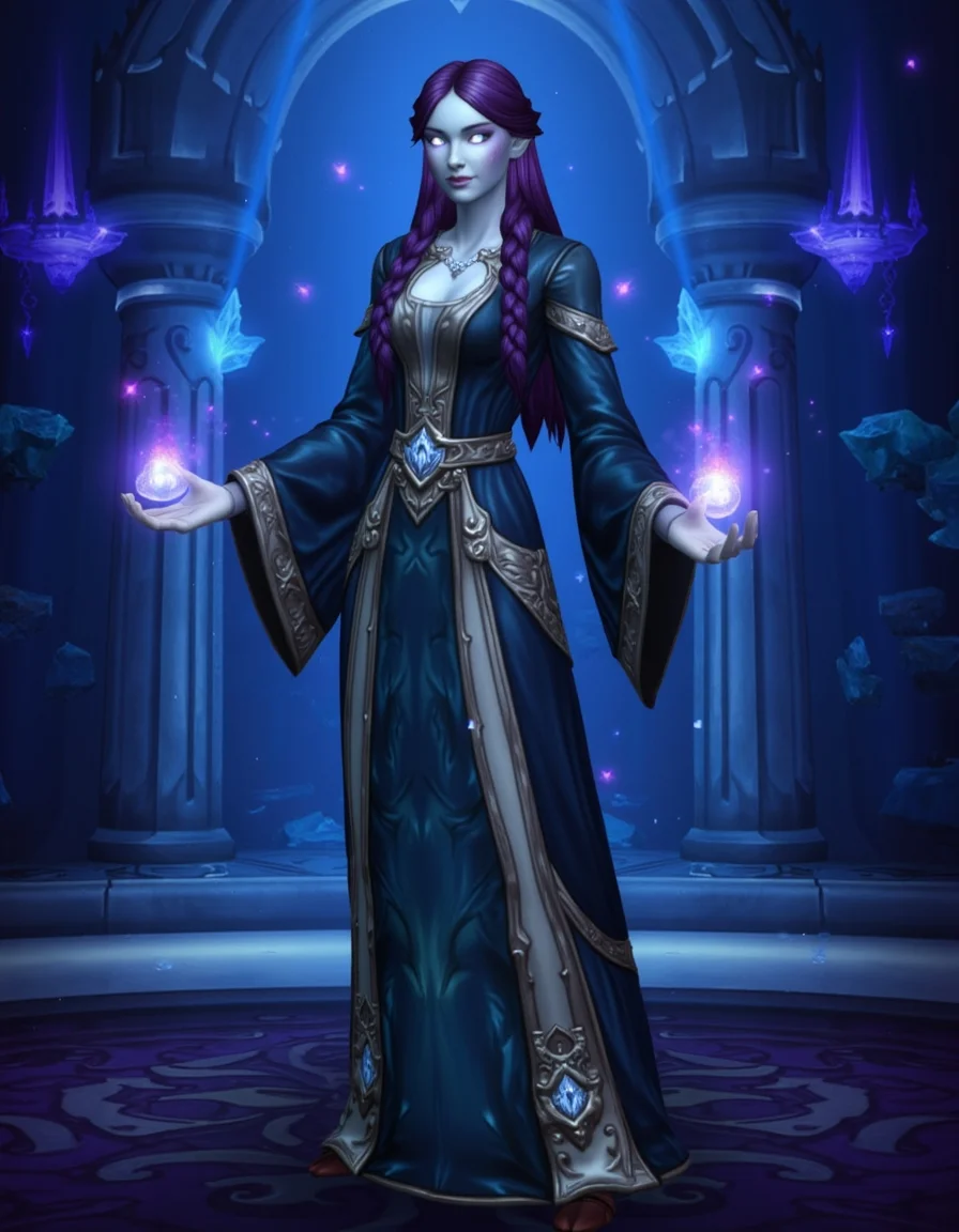 WOW_Character_Style, This image is a digital drawing of a World of Warcraft character depicting a regal nightborne sorceress. The sorceress is a tall, graceful woman with pale blue skin and glowing silver eyes. Her hair is a deep violet, styled in intricate braids, and she wears a luxurious robe made of shimmering dark blue fabric, lined with silver filigree. Her hands are raised, summoning orbs of arcane energy that float around her. The background is an opulent palace, with grand columns, floating crystals, and enchanted chandeliers casting a soft, magical glow. The lighting is a cool blue, with arcs of arcane energy illuminating the air around her. The colors are primarily dark blues, purples, and silvers, with the nightborne’s pale skin and magical orbs adding a bright contrast. The overall mood is one of elegance and immense magical power, with a sense of regal authority and ancient wisdom.