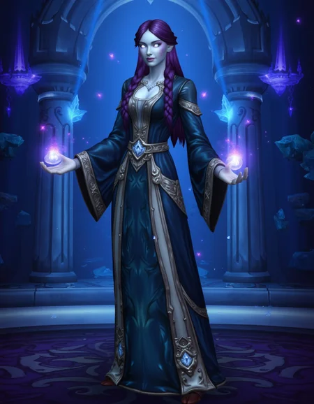 WOW_Character_Style, This image is a digital drawing of a World of Warcraft character depicting a regal nightborne sorceress. The sorceress is a tall, graceful woman with pale blue skin and glowing silver eyes. Her hair is a deep violet, styled in intricate braids, and she wears a luxurious robe made of shimmering dark blue fabric, lined with silver filigree. Her hands are raised, summoning orbs of arcane energy that float around her. The background is an opulent palace, with grand columns, floating crystals, and enchanted chandeliers casting a soft, magical glow. The lighting is a cool blue, with arcs of arcane energy illuminating the air around her. The colors are primarily dark blues, purples, and silvers, with the nightborne’s pale skin and magical orbs adding a bright contrast. The overall mood is one of elegance and immense magical power, with a sense of regal authority and ancient wisdom.