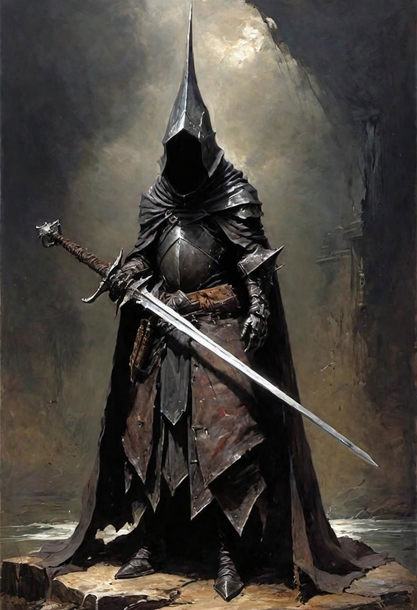 videogame art of (((Abyss Watchers)))
wearing (ragged, brigand, holding a giant metal sword,  leather tunic, metal plates and cloth, pointy shaped helmet, sewn together), gothic, legion,  by Jean-Baptiste Monge and Nicola Samori, Nazgul from lord of the rings