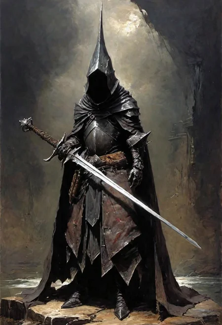 videogame art of (((Abyss Watchers)))
wearing (ragged, brigand, holding a giant metal sword, leather tunic, metal plates and cloth, pointy shaped helmet, sewn together), gothic, legion, by Jean-Baptiste Monge and Nicola Samori, Nazgul from lord of the rings