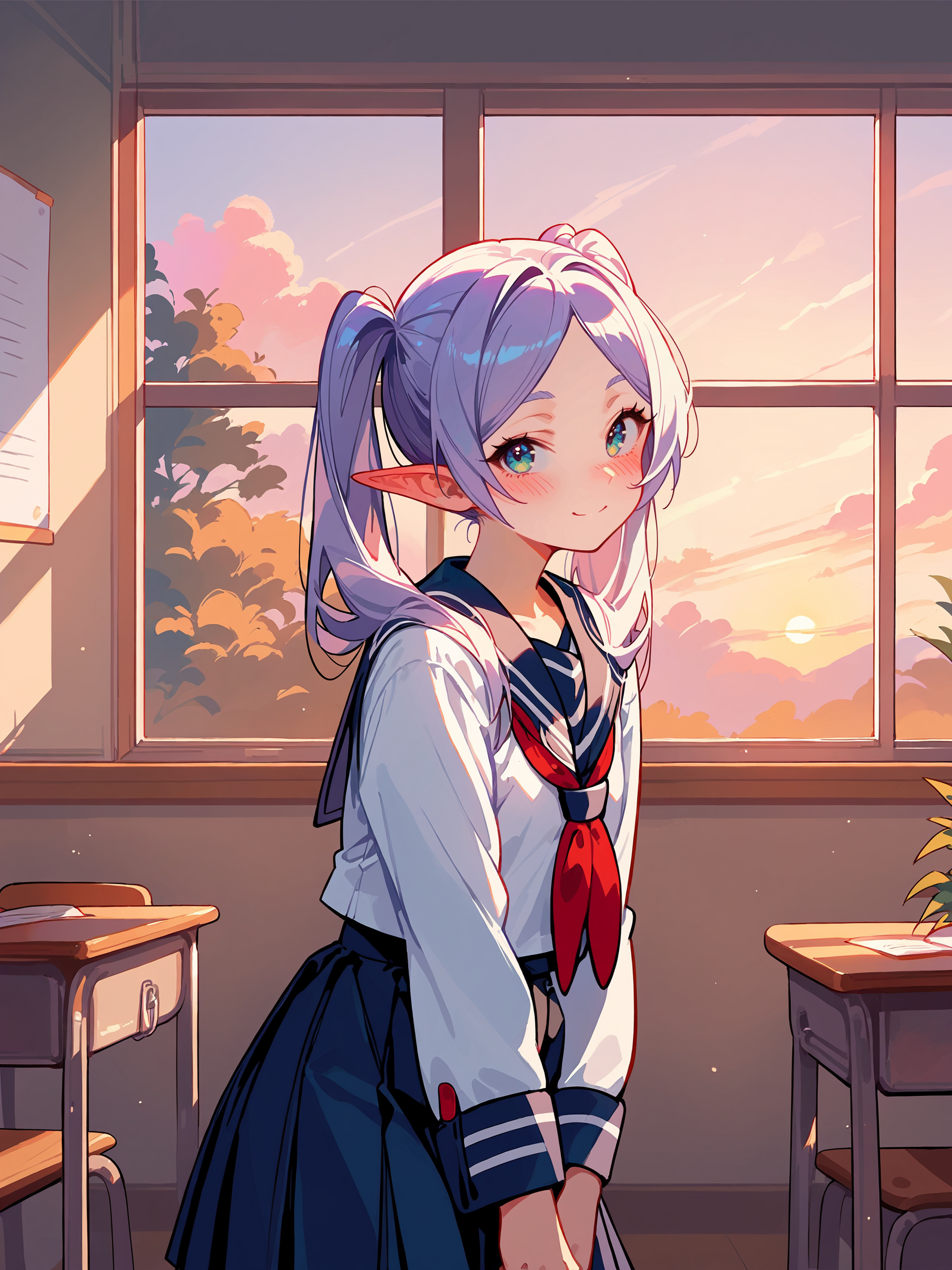 1girl, frieren, twintails, school uniform, serafuku, cowboy shot, sunbeam, sunset, classroom, indoors, window, light smile, blush, looking at viewer, facing viewer score_9, score_8_up, score_7_up, source_anime, ray tracing, best quality,  <lora:Char-Frieren-Pony-V1:0.9:hr=0.5>,  <lora:Style-Expressive_H-pony:0.8>,